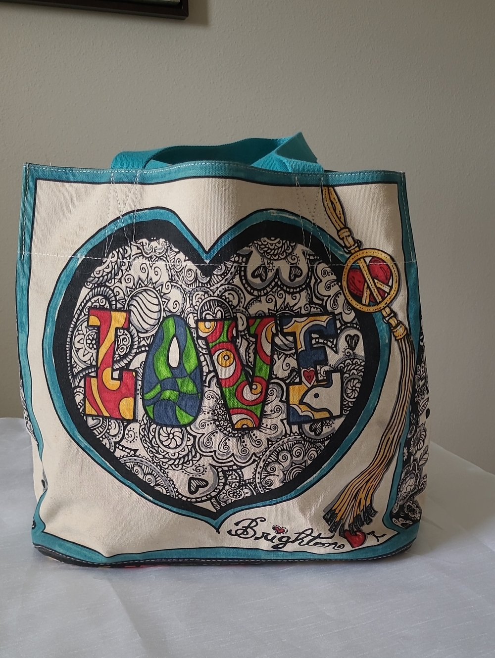 Brighton Teal and Cream LOVE Heart Canvas Tote